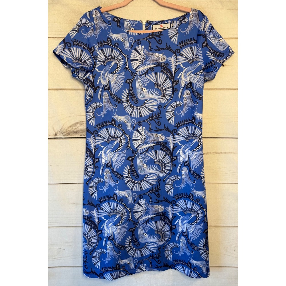 CK Bradley Blue White Bird Print Shift Dress Short Sleeve Boat Neck Small